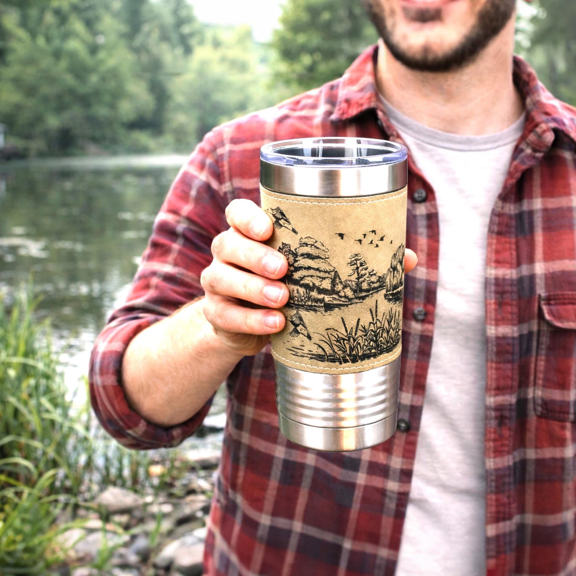 Duck Pond Engraved Travel Tumbler – Personalized Leatherette Wrap, Perfect Gift for Hunters or Duck Lovers