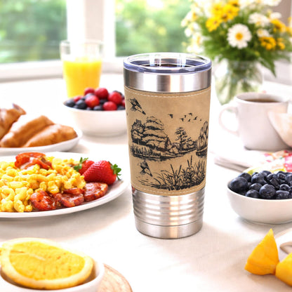 Duck Pond Engraved Travel Tumbler – Personalized Leatherette Wrap, Perfect Gift for Hunters or Duck Lovers