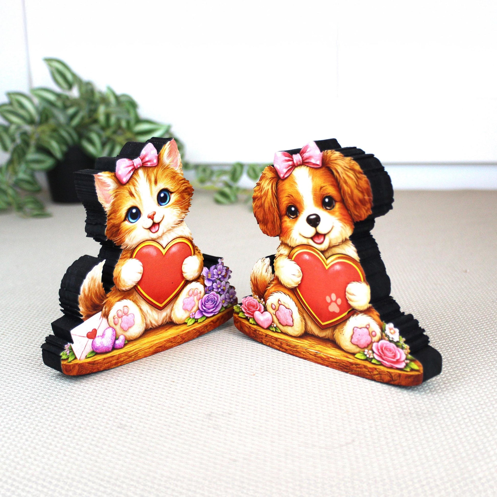 Valentine Puppy or Kitty Shelf Sitter – Personalized Heart, Wooden Mantel & Tiered Tray Decor