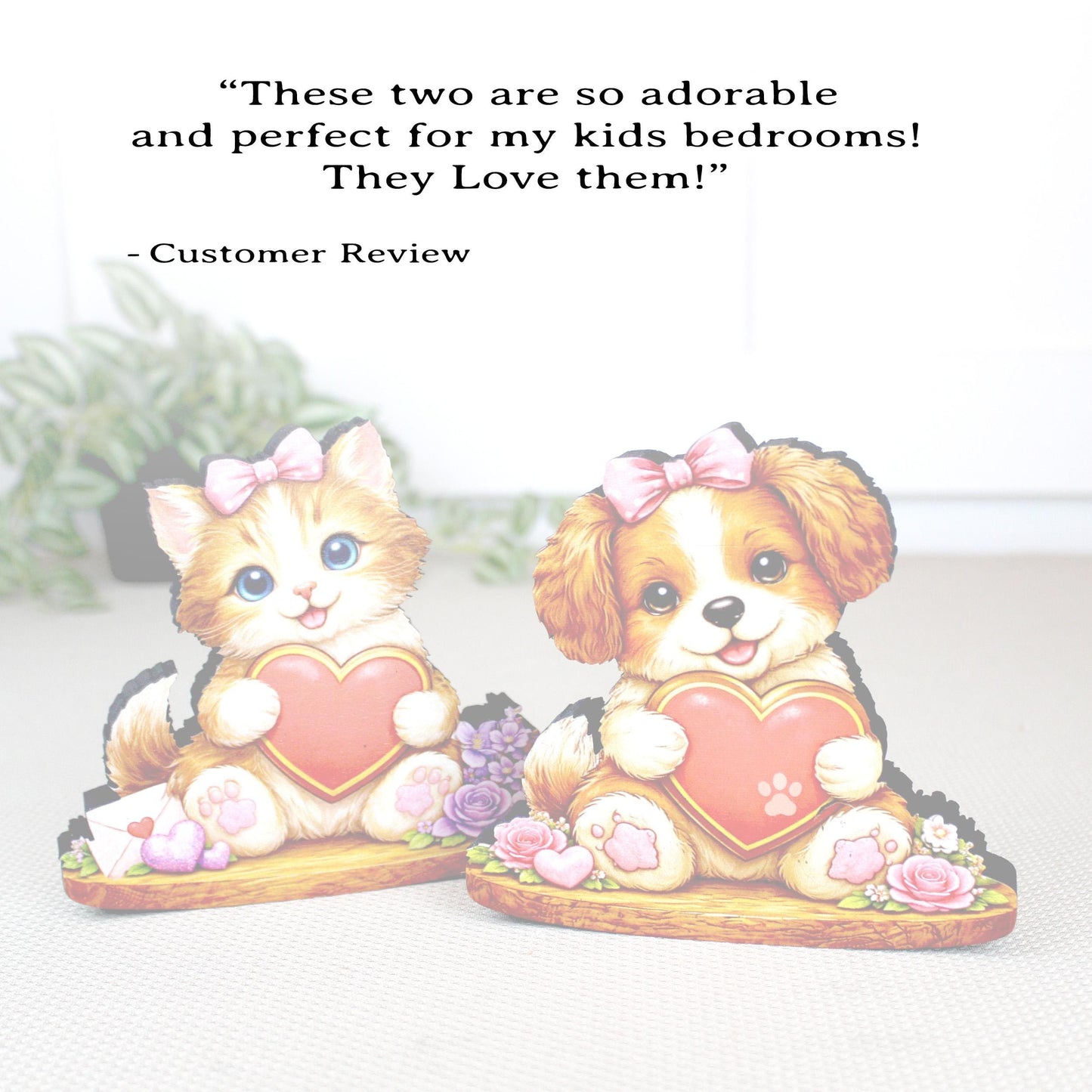 Valentine Puppy or Kitty Shelf Sitter – Personalized Heart, Wooden Mantel & Tiered Tray Decor