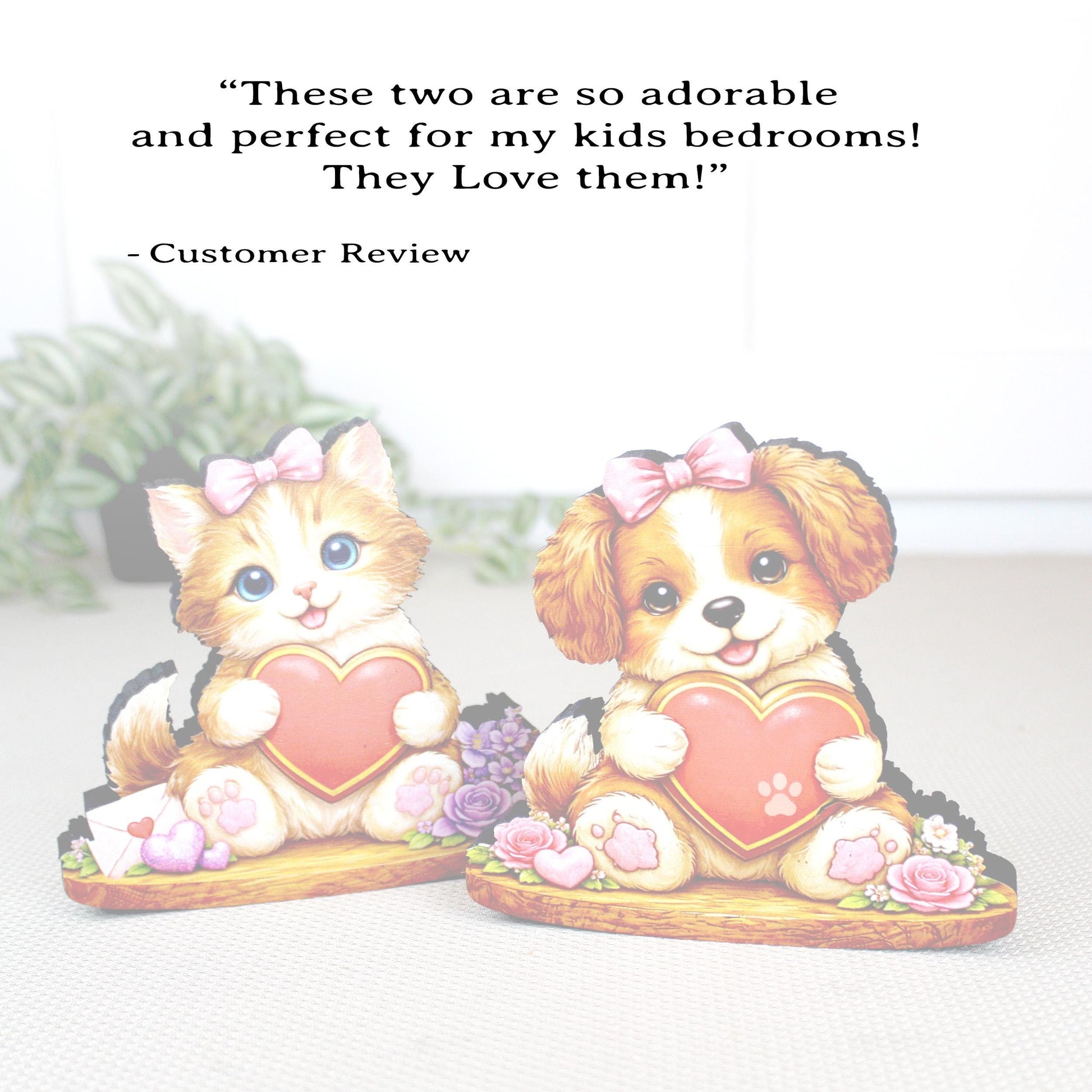 Valentine Puppy or Kitty Shelf Sitter – Personalized Heart, Wooden Mantel & Tiered Tray Decor