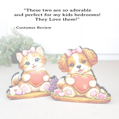 Valentine Puppy or Kitty Shelf Sitter – Personalized Heart, Wooden Mantel & Tiered Tray Decor