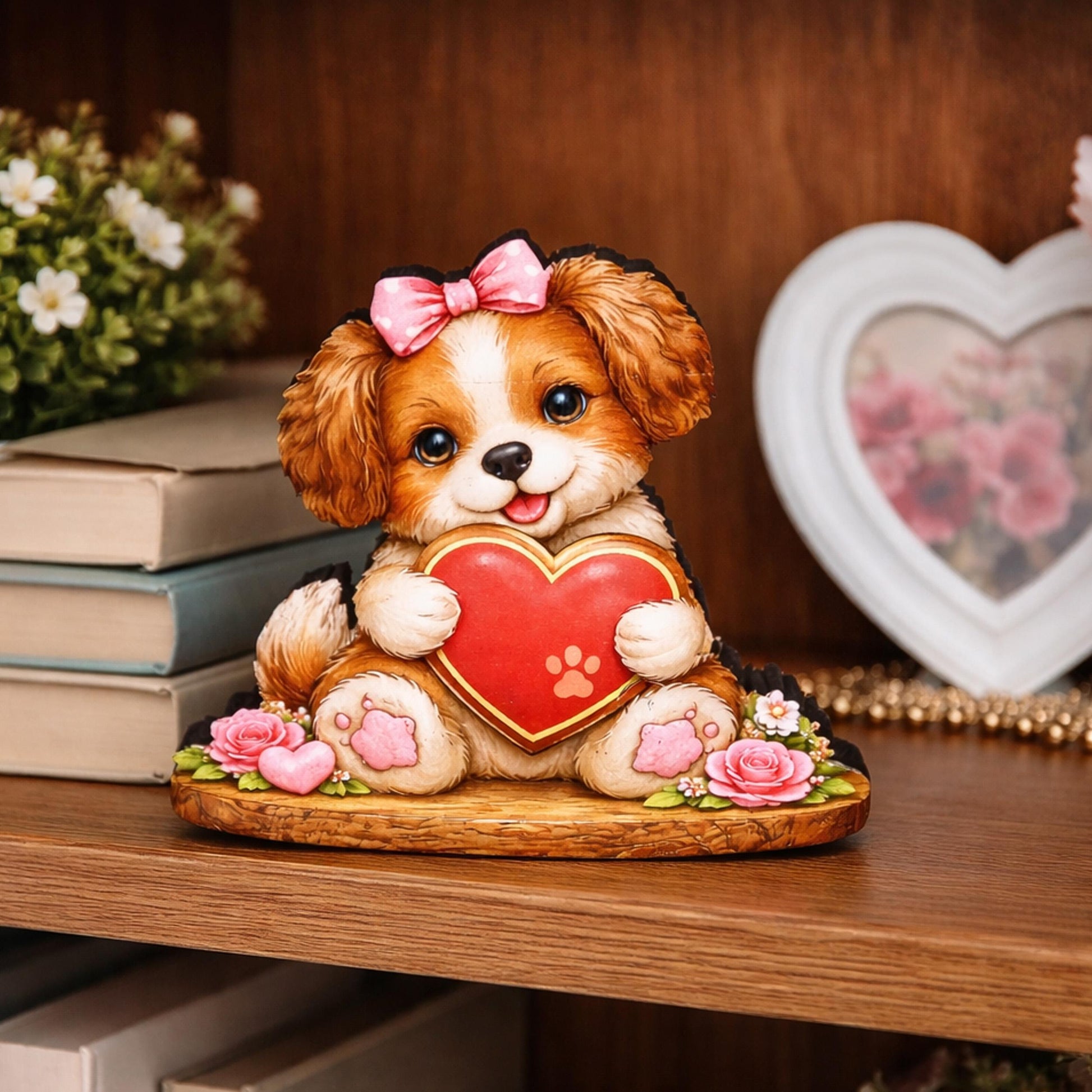 Valentine Puppy or Kitty Shelf Sitter – Personalized Heart, Wooden Mantel & Tiered Tray Decor