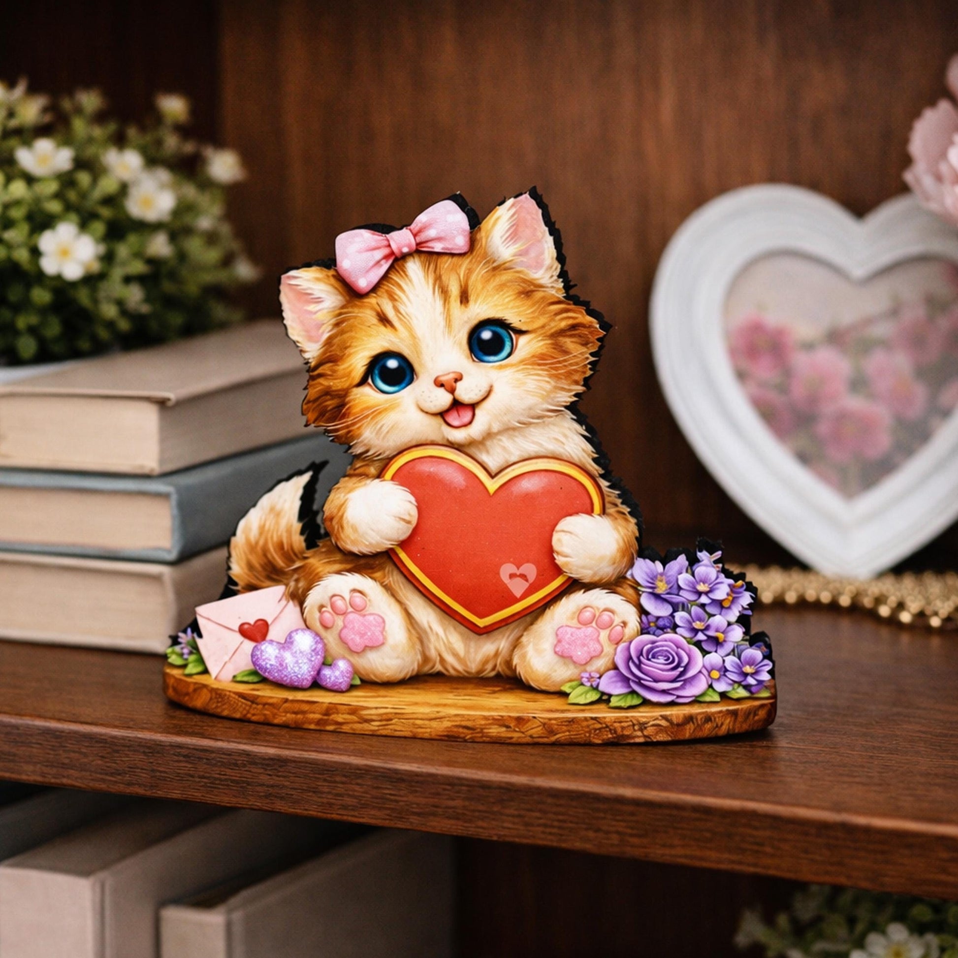 Valentine Puppy or Kitty Shelf Sitter – Personalized Heart, Wooden Mantel & Tiered Tray Decor