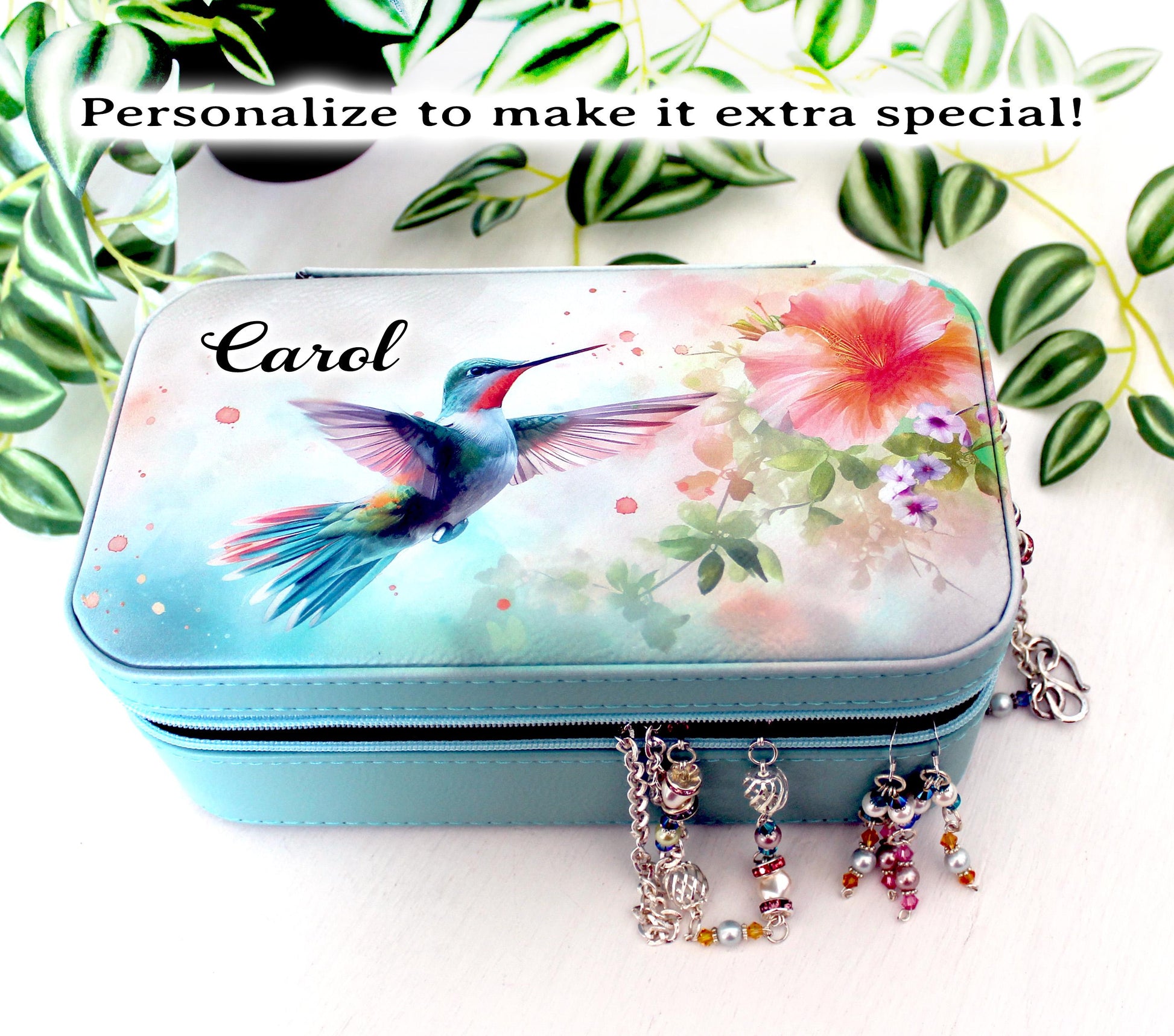 Personalize Leather Jewelry Travel Case, Custom Jewelry Organizer, Large Faux Leather Jewelry Travel Case, Hummingbird Travel Jewelry Box