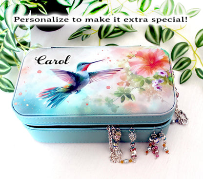 Personalize Leather Jewelry Travel Case, Custom Jewelry Organizer, Large Faux Leather Jewelry Travel Case, Hummingbird Travel Jewelry Box