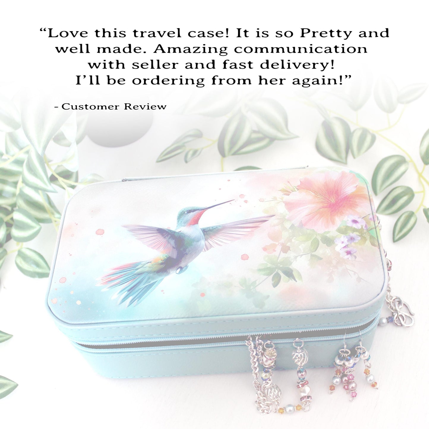 Personalize Leather Jewelry Travel Case, Custom Jewelry Organizer, Large Faux Leather Jewelry Travel Case, Hummingbird Travel Jewelry Box