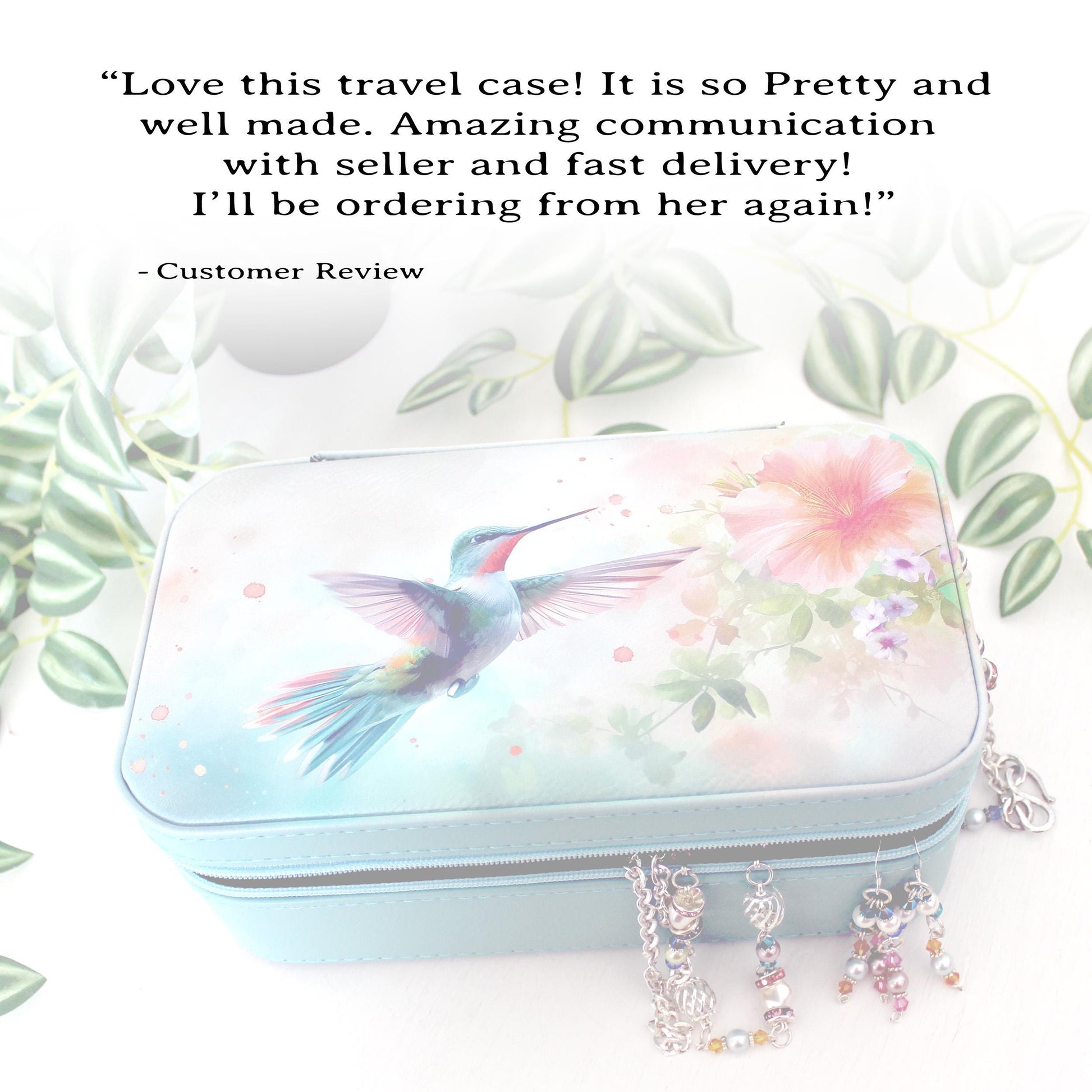 Personalize Leather Jewelry Travel Case, Custom Jewelry Organizer, Large Faux Leather Jewelry Travel Case, Hummingbird Travel Jewelry Box
