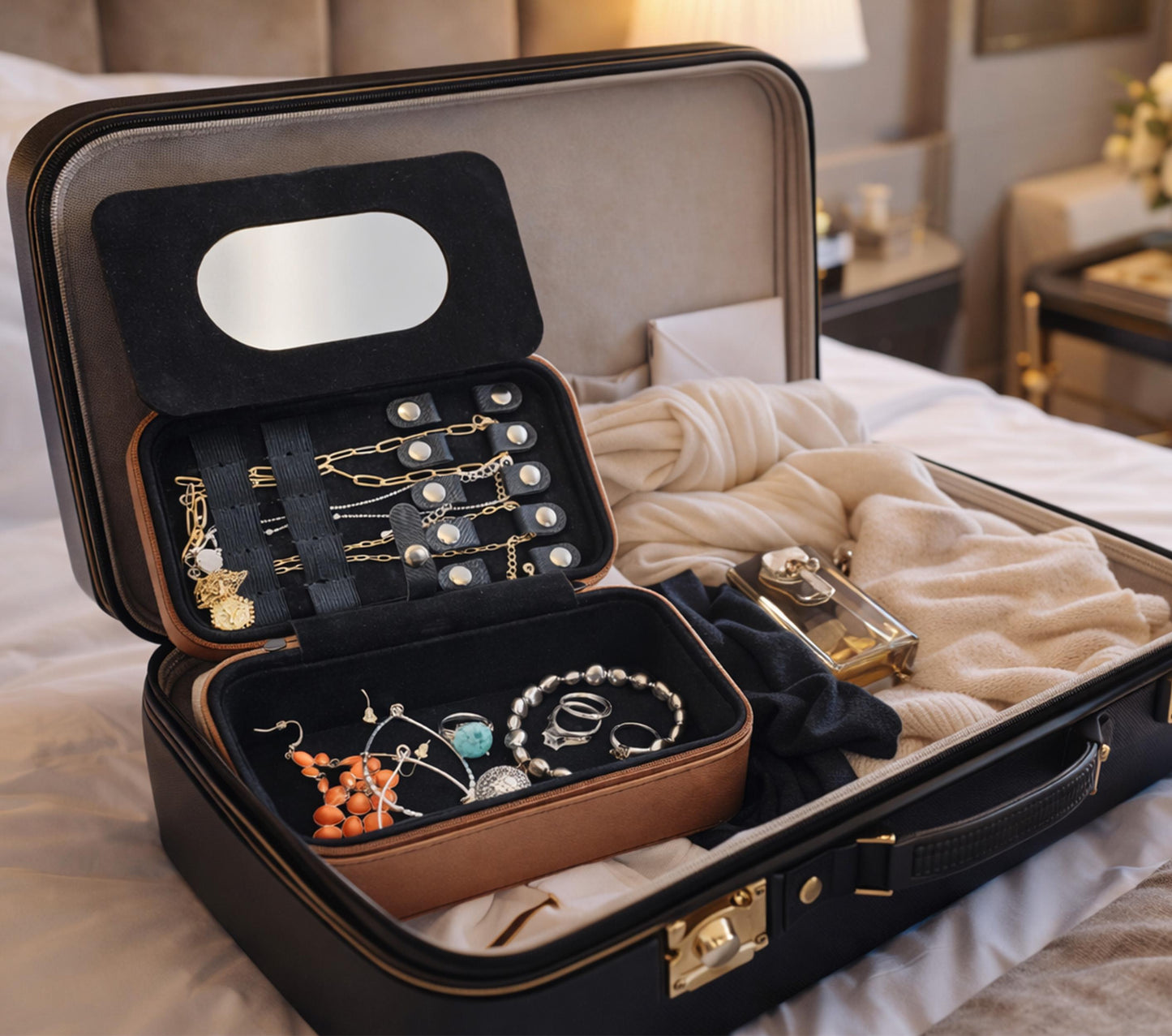 Spring Birds and Flowers Travel Jewelry Case – Floral Faux Leather Zip Organizer with Mirror, Personalized Name