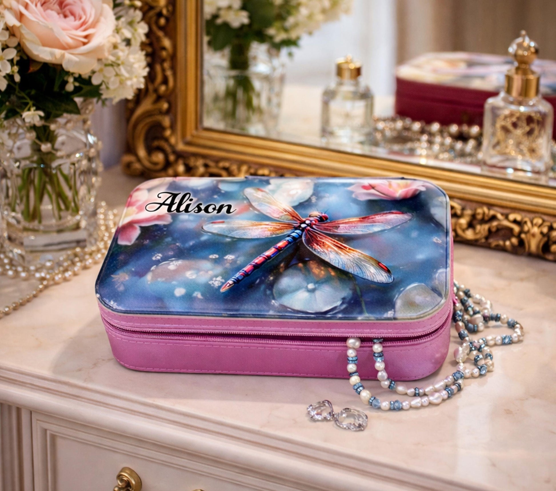 Large Travel Jewelry Case – Dragonfly Print, Faux Leather, Personalized Zip Organizer with Mirror