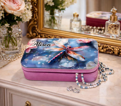Large Travel Jewelry Case – Dragonfly Print, Faux Leather, Personalized Zip Organizer with Mirror