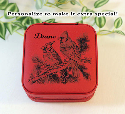 Engraved Cardinals Travel Jewelry Case, Custom Bridesmaid Wedding Gift, Perfect Birthday or Mother's Day Gift or Favors, Leatherette