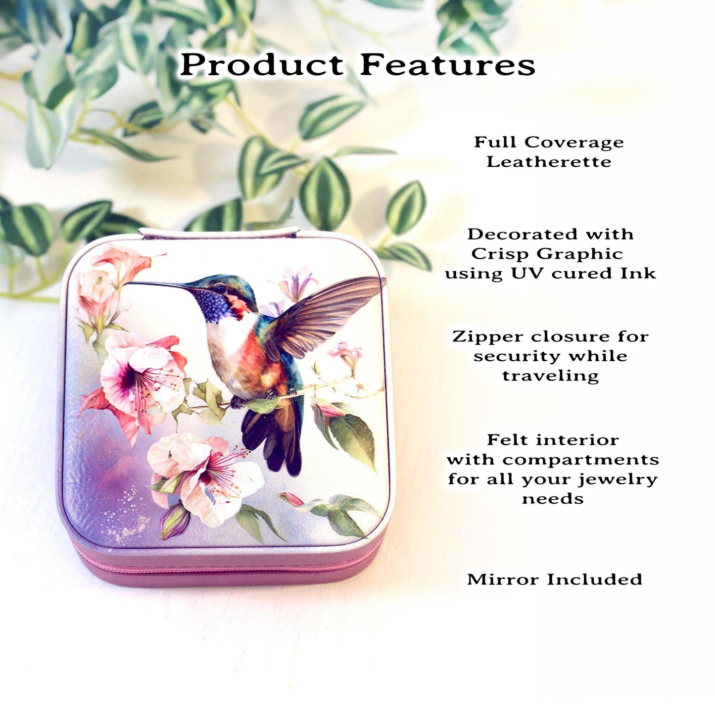 Beautiful Hummingbird Jewelry Box, Travel Jewelry Case, Custom Bridesmaid Wedding Gift, Pink Jewelry Case, Perfect Birthday or Mother's Day