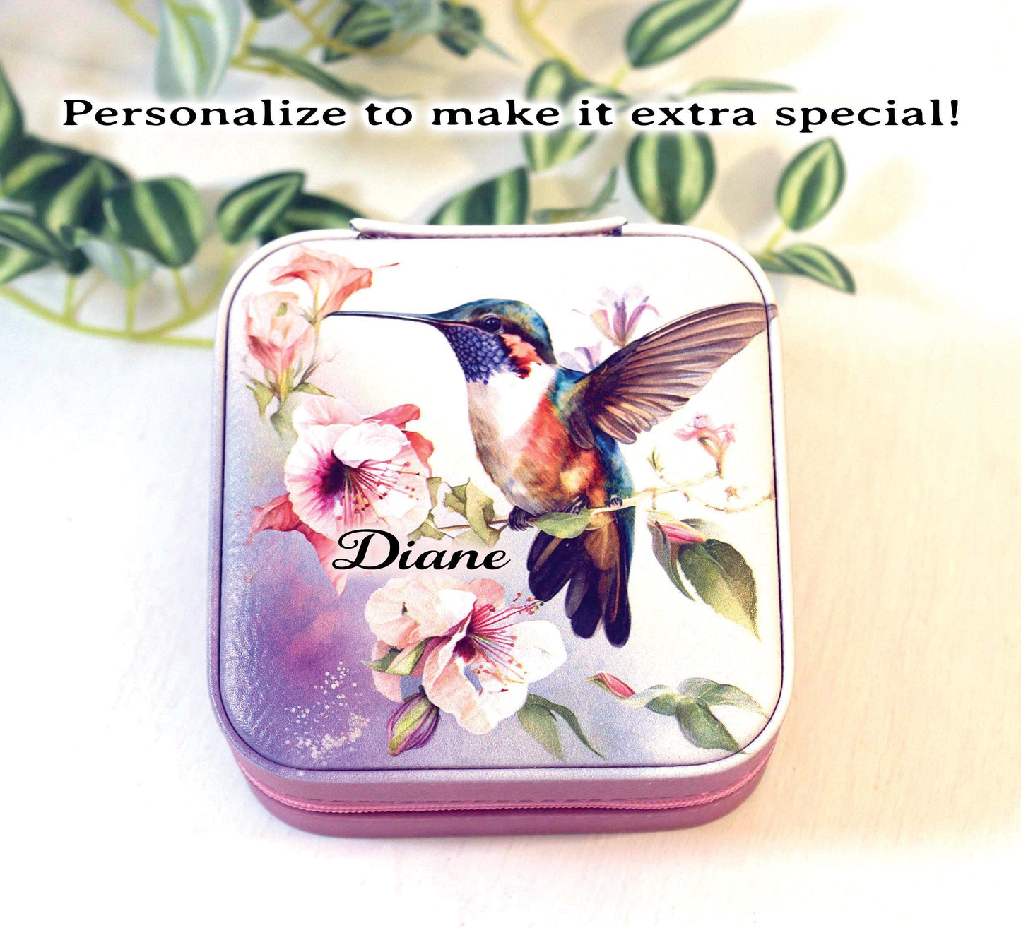 Beautiful Hummingbird Jewelry Box, Travel Jewelry Case, Custom Bridesmaid Wedding Gift, Pink Jewelry Case, Perfect Birthday or Mother's Day