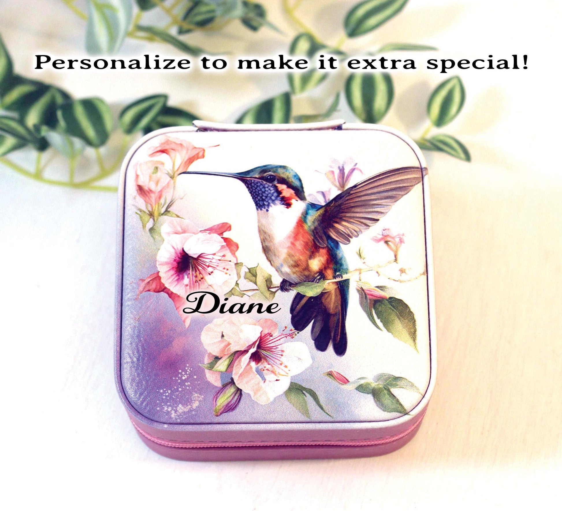 Beautiful Hummingbird Jewelry Box, Travel Jewelry Case, Custom Bridesmaid Wedding Gift, Pink Jewelry Case, Perfect Birthday or Mother's Day