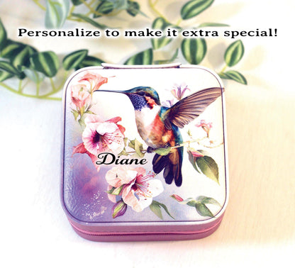 Beautiful Hummingbird Jewelry Box, Travel Jewelry Case, Custom Bridesmaid Wedding Gift, Pink Jewelry Case, Perfect Birthday or Mother's Day