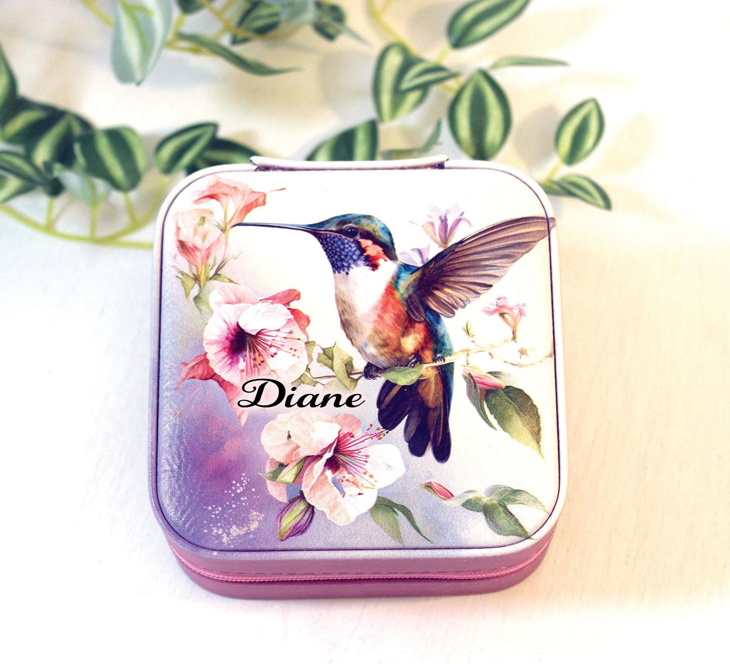 Beautiful Hummingbird Jewelry Box, Travel Jewelry Case, Custom Bridesmaid Wedding Gift, Pink Jewelry Case, Perfect Birthday or Mother's Day
