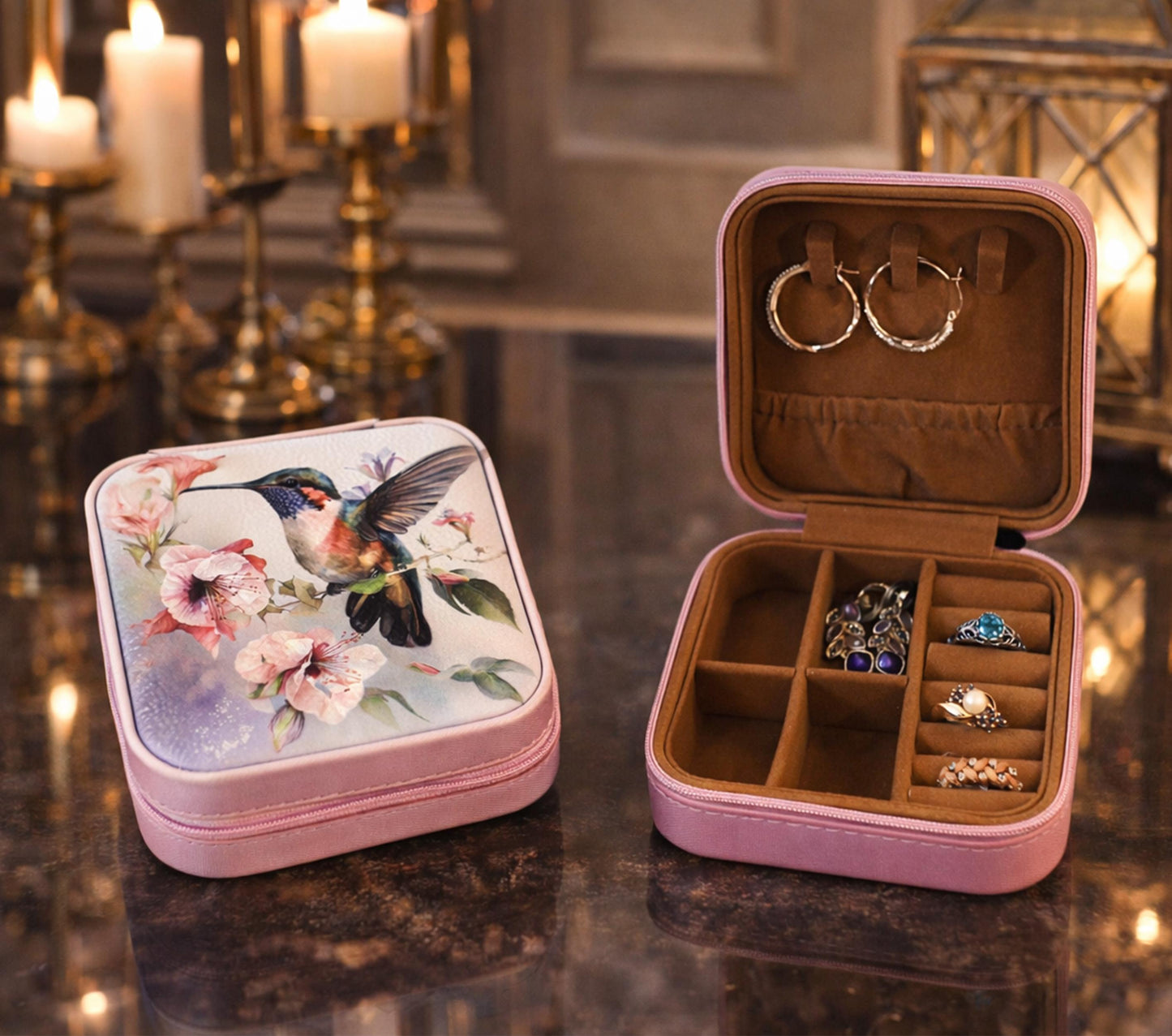 Beautiful Hummingbird Jewelry Box, Travel Jewelry Case, Custom Bridesmaid Wedding Gift, Pink Jewelry Case, Perfect Birthday or Mother's Day
