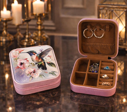 Beautiful Hummingbird Jewelry Box, Travel Jewelry Case, Custom Bridesmaid Wedding Gift, Pink Jewelry Case, Perfect Birthday or Mother's Day