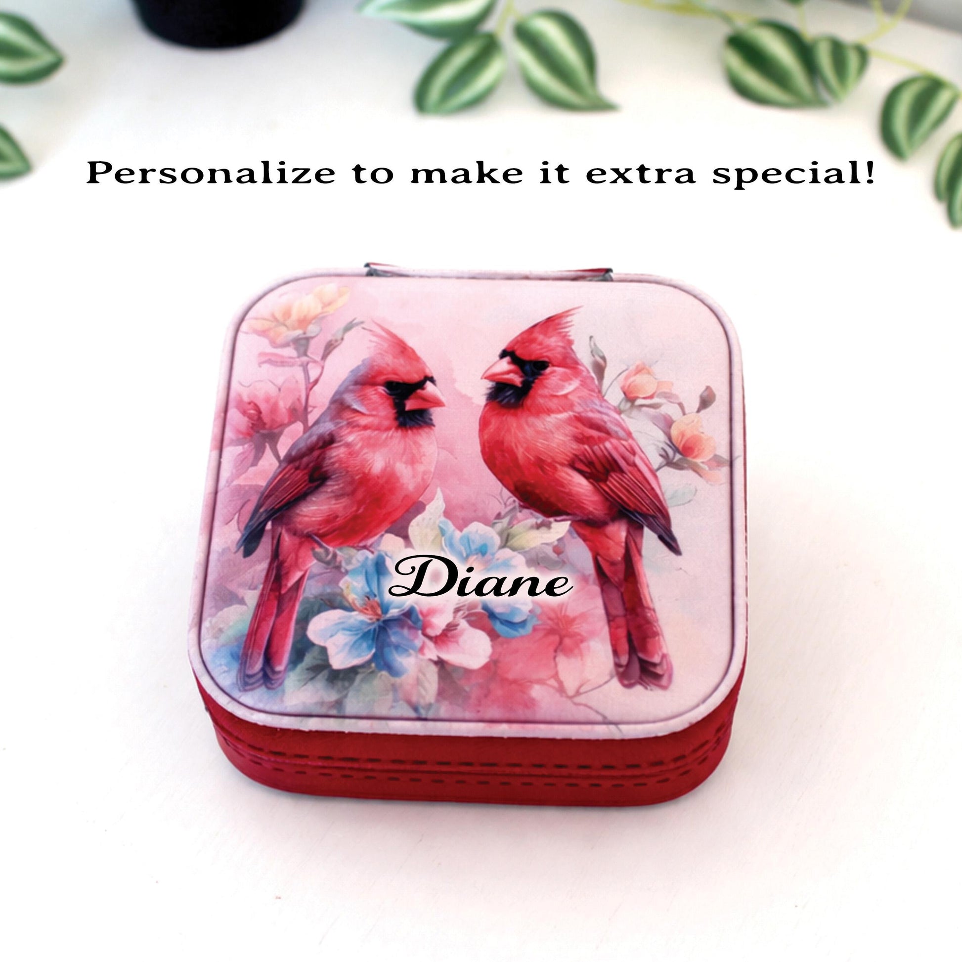 Cardinal Leatherette Jewelry Box, Travel Jewelry Case, Custom Bridesmaid Wedding Gift, Pink Jewelry Case, Perfect Birthday or Mother's Day