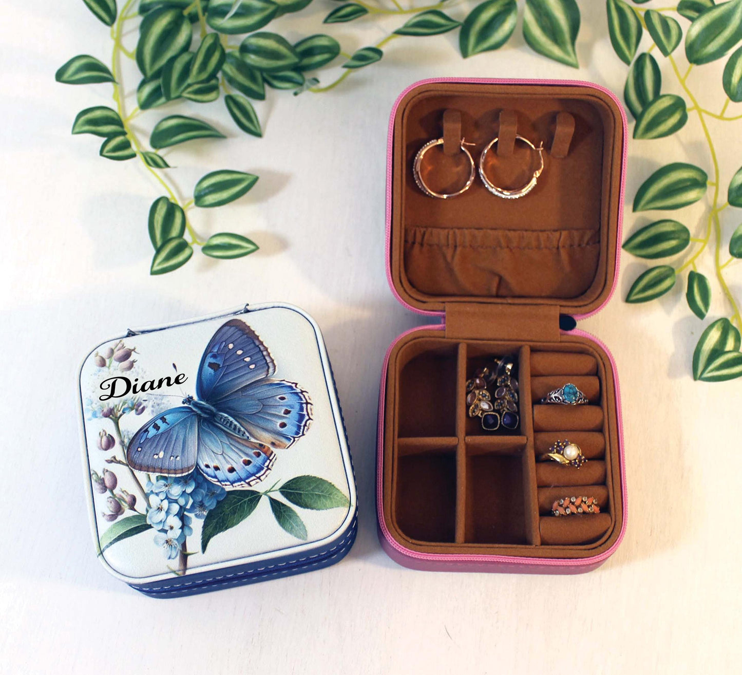 Travel Jewelry Case, Small Jewelry Box, Blue Butterfly, Bridesmaid Jewelry Box, Perfect Birthday or Mother's Day Gift, Leatherette