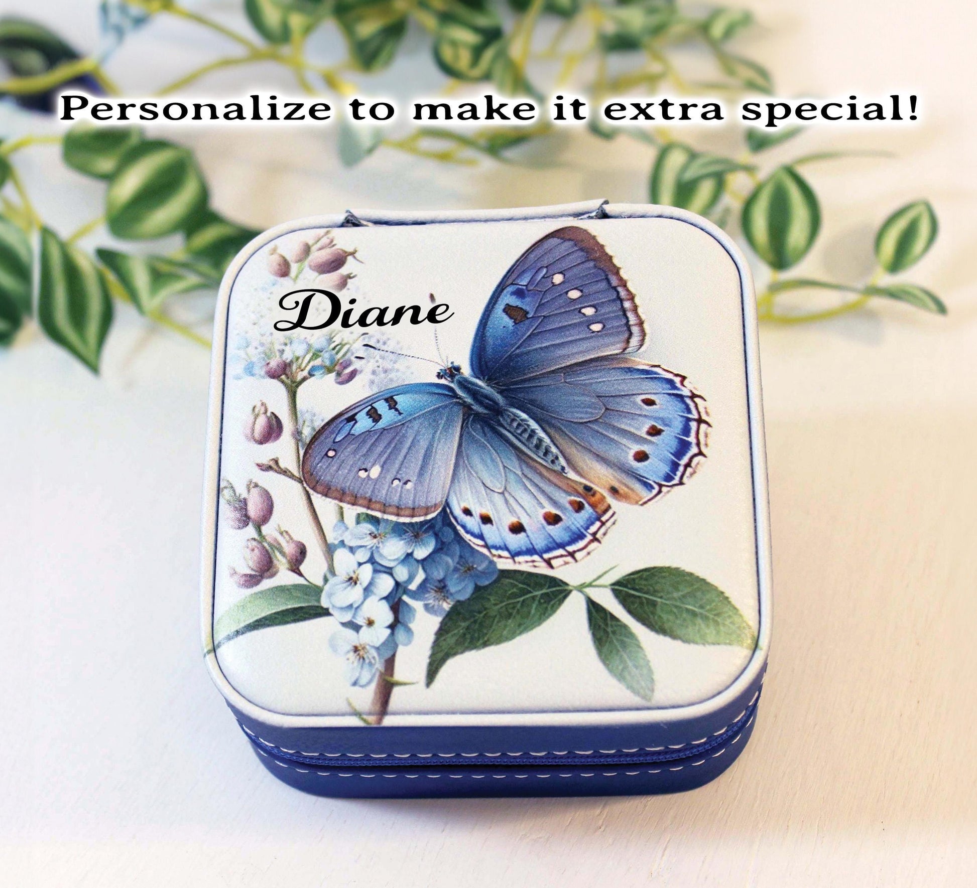 Travel Jewelry Case, Small Jewelry Box, Blue Butterfly, Bridesmaid Jewelry Box, Perfect Birthday or Mother's Day Gift, Leatherette