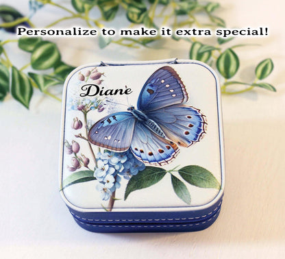 Travel Jewelry Case, Small Jewelry Box, Blue Butterfly, Bridesmaid Jewelry Box, Perfect Birthday or Mother's Day Gift, Leatherette