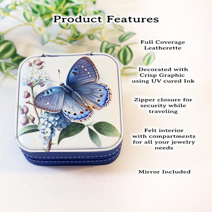 Travel Jewelry Case, Small Jewelry Box, Blue Butterfly, Bridesmaid Jewelry Box, Perfect Birthday or Mother's Day Gift, Leatherette