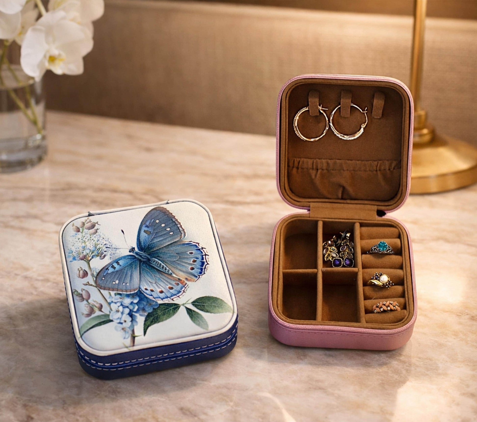 Travel Jewelry Case, Small Jewelry Box, Blue Butterfly, Bridesmaid Jewelry Box, Perfect Birthday or Mother's Day Gift, Leatherette