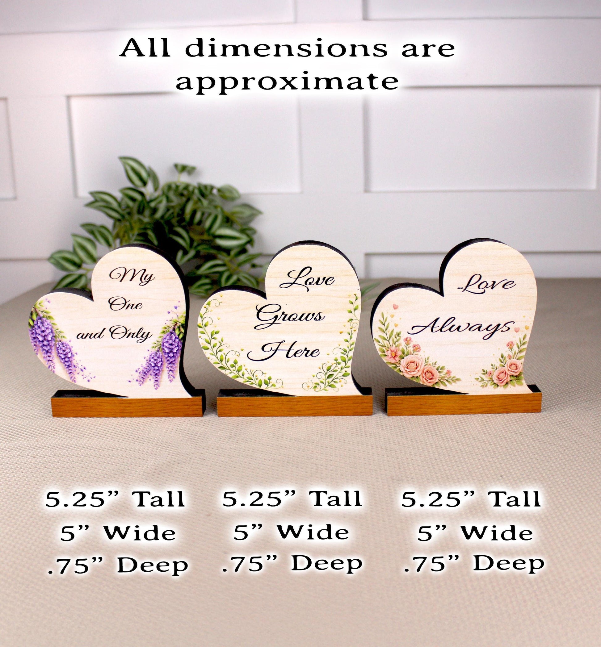 Valentine Day Heart Shelf Sitters – Personalized Wooden Hearts with Floral Accents Set of 3 – Wooden Mantel & Tiered Tray Decor