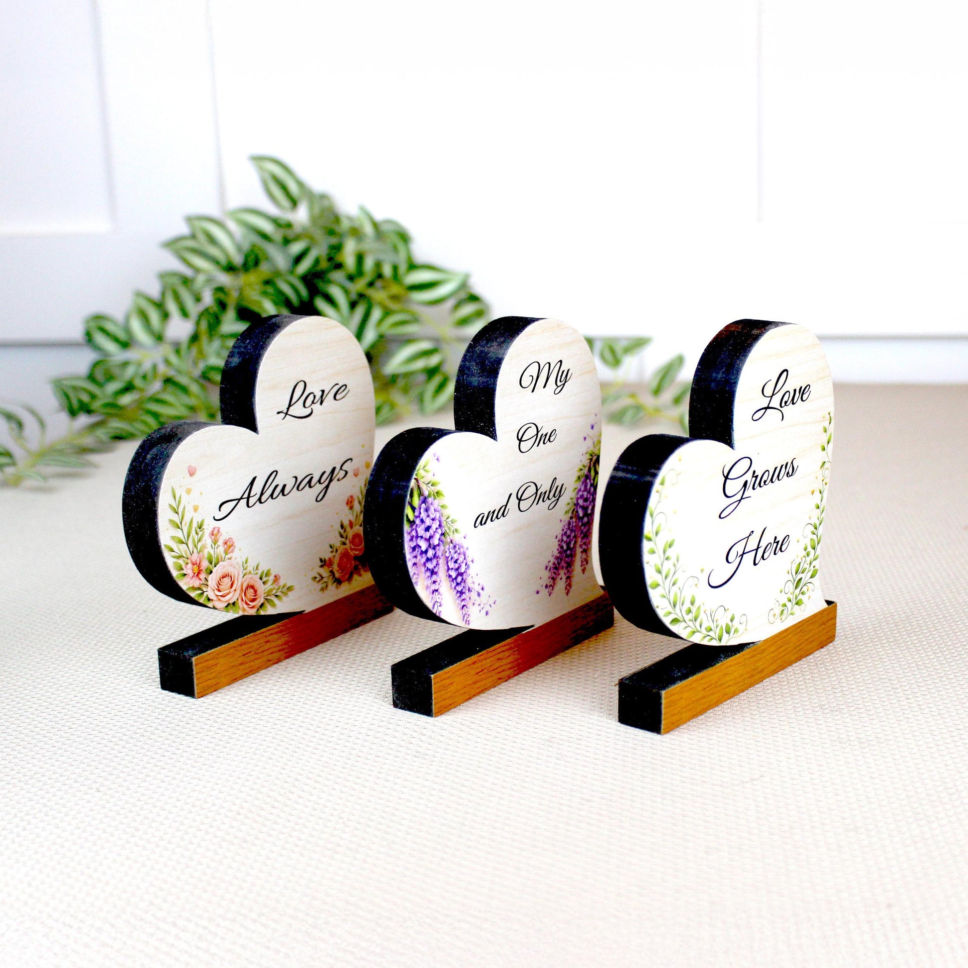 Valentine Day Heart Shelf Sitters – Personalized Wooden Hearts with Floral Accents Set of 3 – Wooden Mantel & Tiered Tray Decor