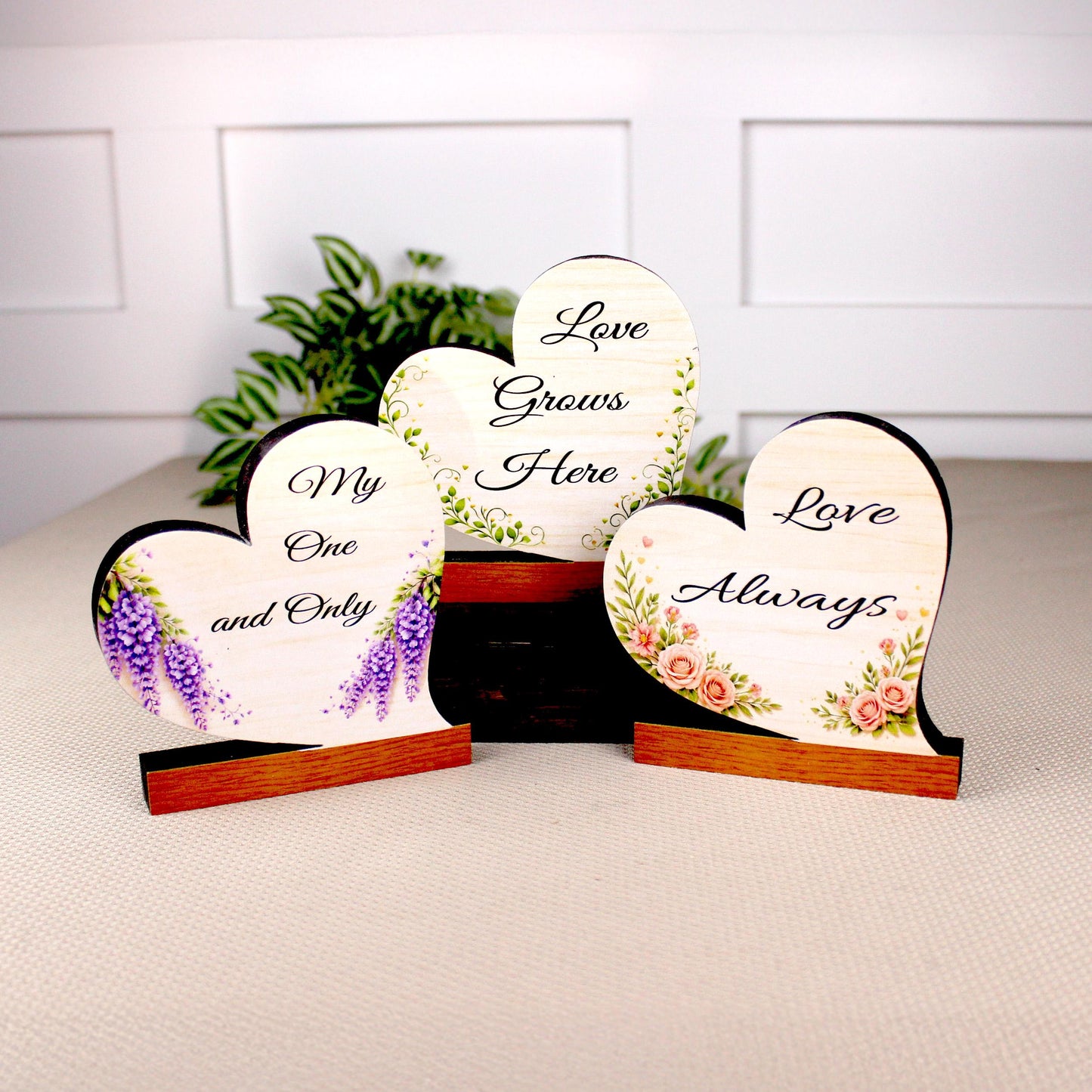 Valentine Day Heart Shelf Sitters – Personalized Wooden Hearts with Floral Accents Set of 3 – Wooden Mantel & Tiered Tray Decor
