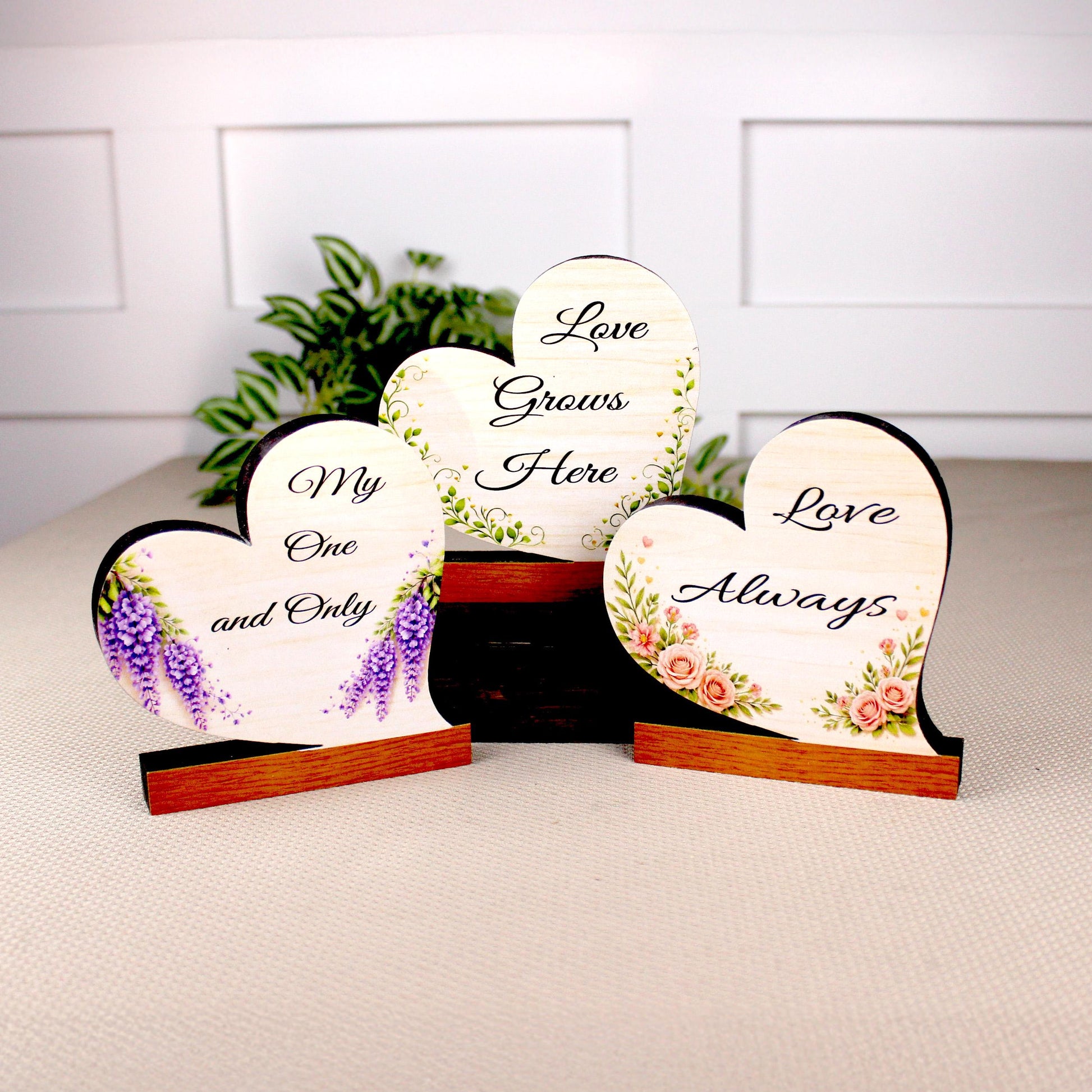 Valentine Day Heart Shelf Sitters – Personalized Wooden Hearts with Floral Accents Set of 3 – Wooden Mantel & Tiered Tray Decor