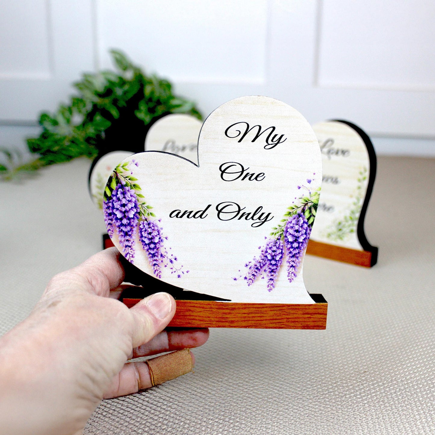 Valentine Day Heart Shelf Sitters – Personalized Wooden Hearts with Floral Accents Set of 3 – Wooden Mantel & Tiered Tray Decor