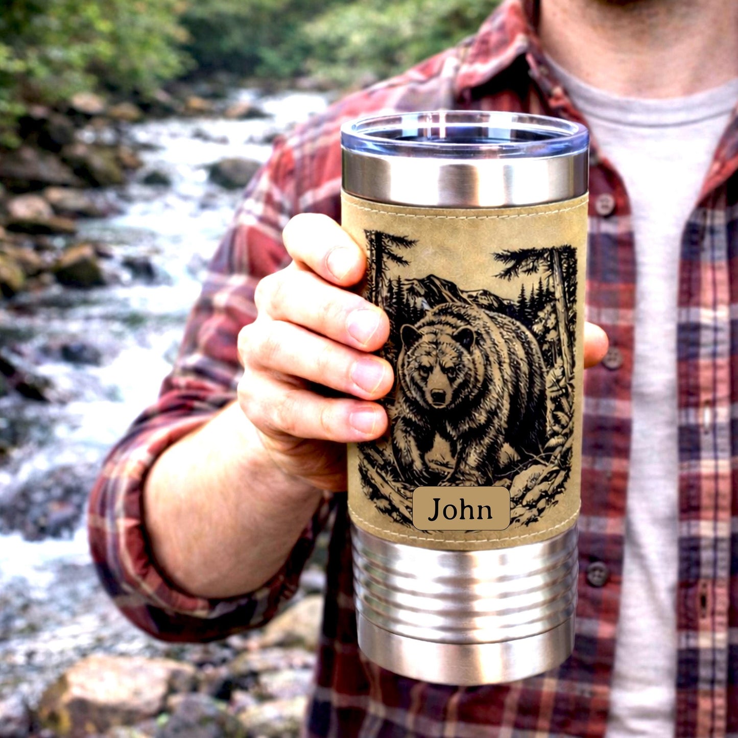 20 ounce Black Bear in Forest Engraved Travel Tumbler – Leatherette Wrapped, Personalized Hunters Gift, Insulated Coffee Cup