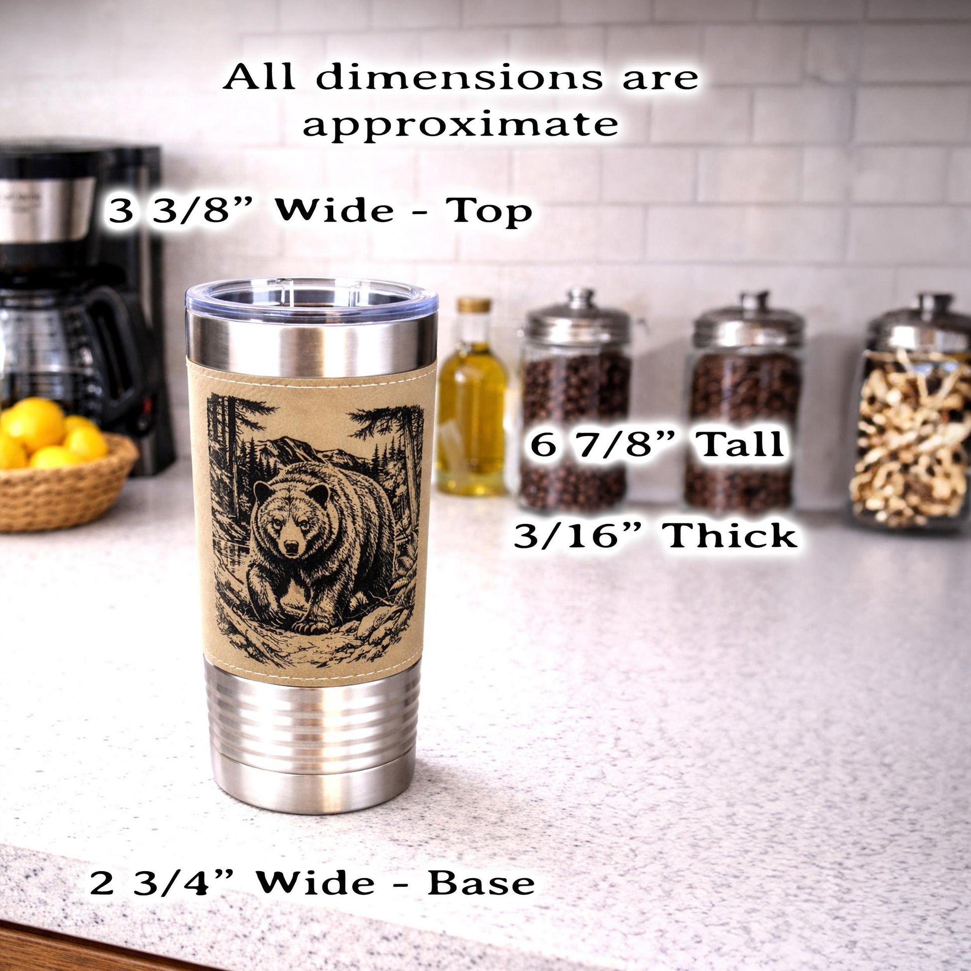20 ounce Black Bear in Forest Engraved Travel Tumbler – Leatherette Wrapped, Personalized Hunters Gift, Insulated Coffee Cup