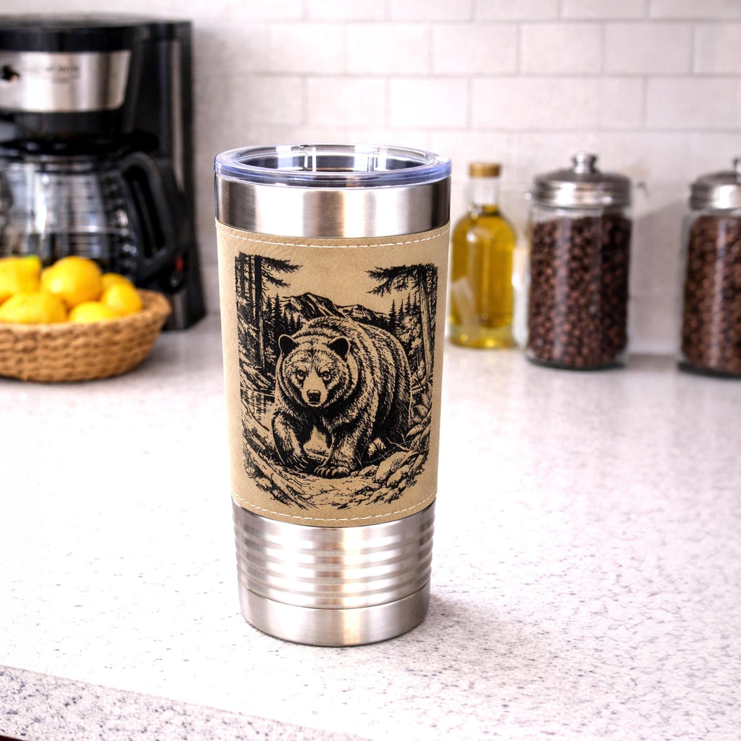 20 ounce Black Bear in Forest Engraved Travel Tumbler – Leatherette Wrapped, Personalized Hunters Gift, Insulated Coffee Cup