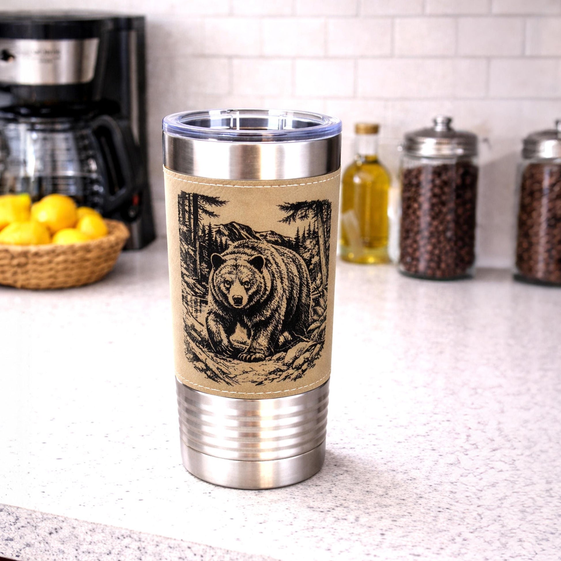 20 ounce Black Bear in Forest Engraved Travel Tumbler – Leatherette Wrapped, Personalized Hunters Gift, Insulated Coffee Cup
