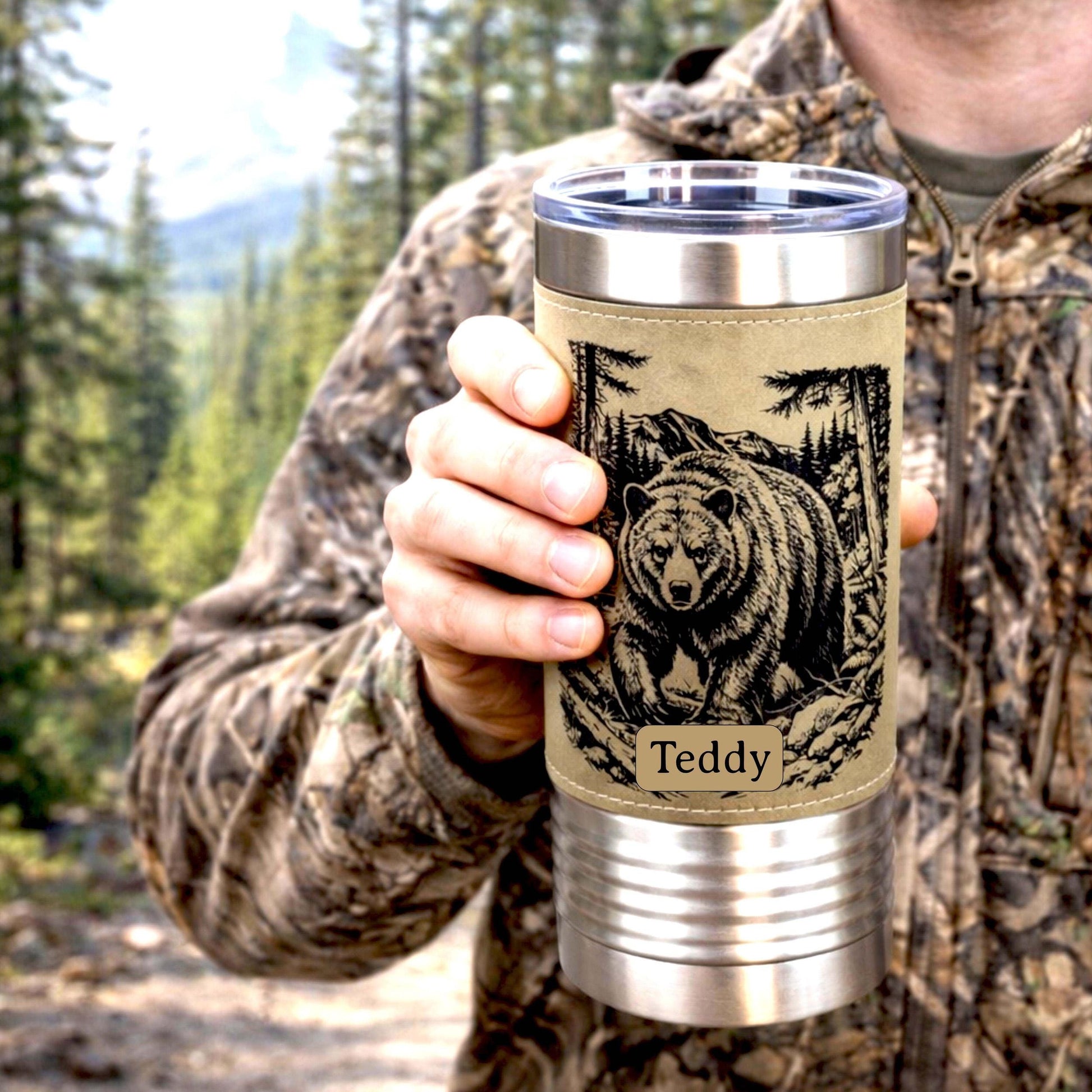 20 ounce Black Bear in Forest Engraved Travel Tumbler – Leatherette Wrapped, Personalized Hunters Gift, Insulated Coffee Cup