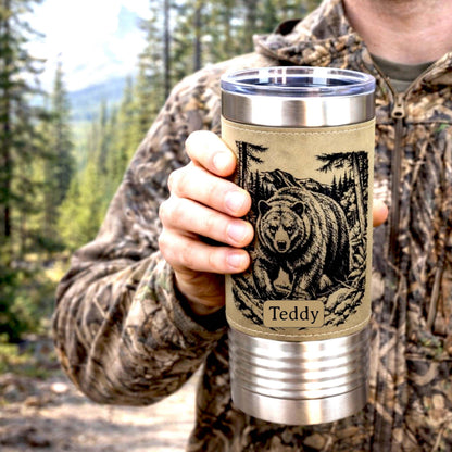 20 ounce Black Bear in Forest Engraved Travel Tumbler – Leatherette Wrapped, Personalized Hunters Gift, Insulated Coffee Cup