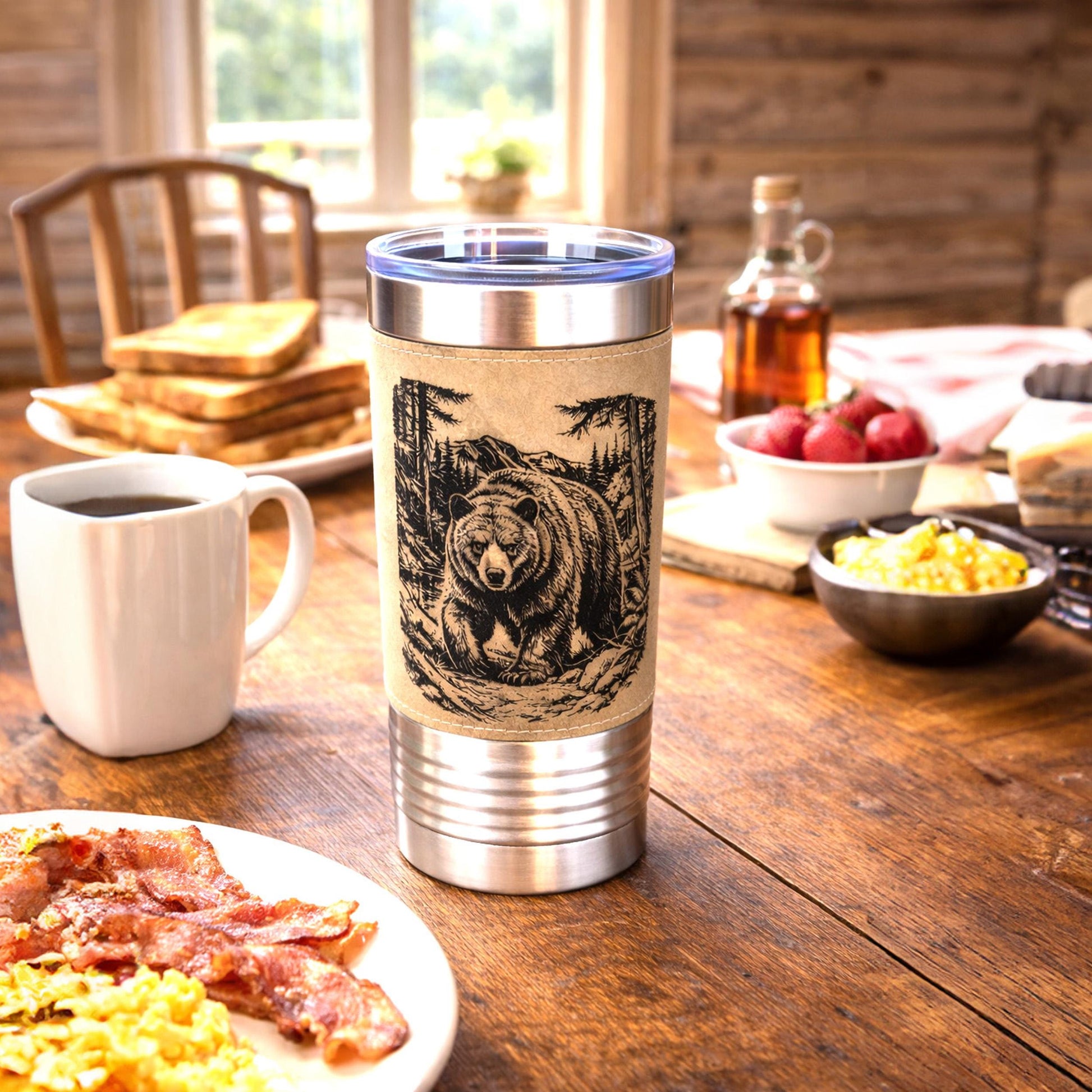 20 ounce Black Bear in Forest Engraved Travel Tumbler – Leatherette Wrapped, Personalized Hunters Gift, Insulated Coffee Cup