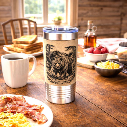 20 ounce Black Bear in Forest Engraved Travel Tumbler – Leatherette Wrapped, Personalized Hunters Gift, Insulated Coffee Cup
