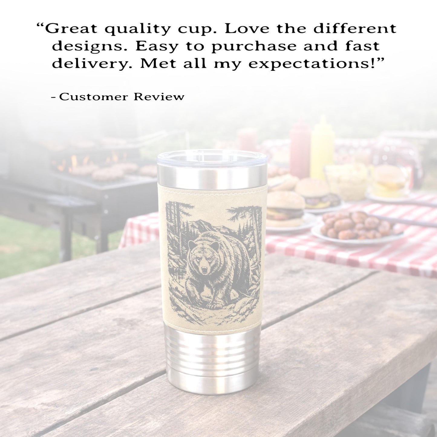 20 ounce Black Bear in Forest Engraved Travel Tumbler – Leatherette Wrapped, Personalized Hunters Gift, Insulated Coffee Cup