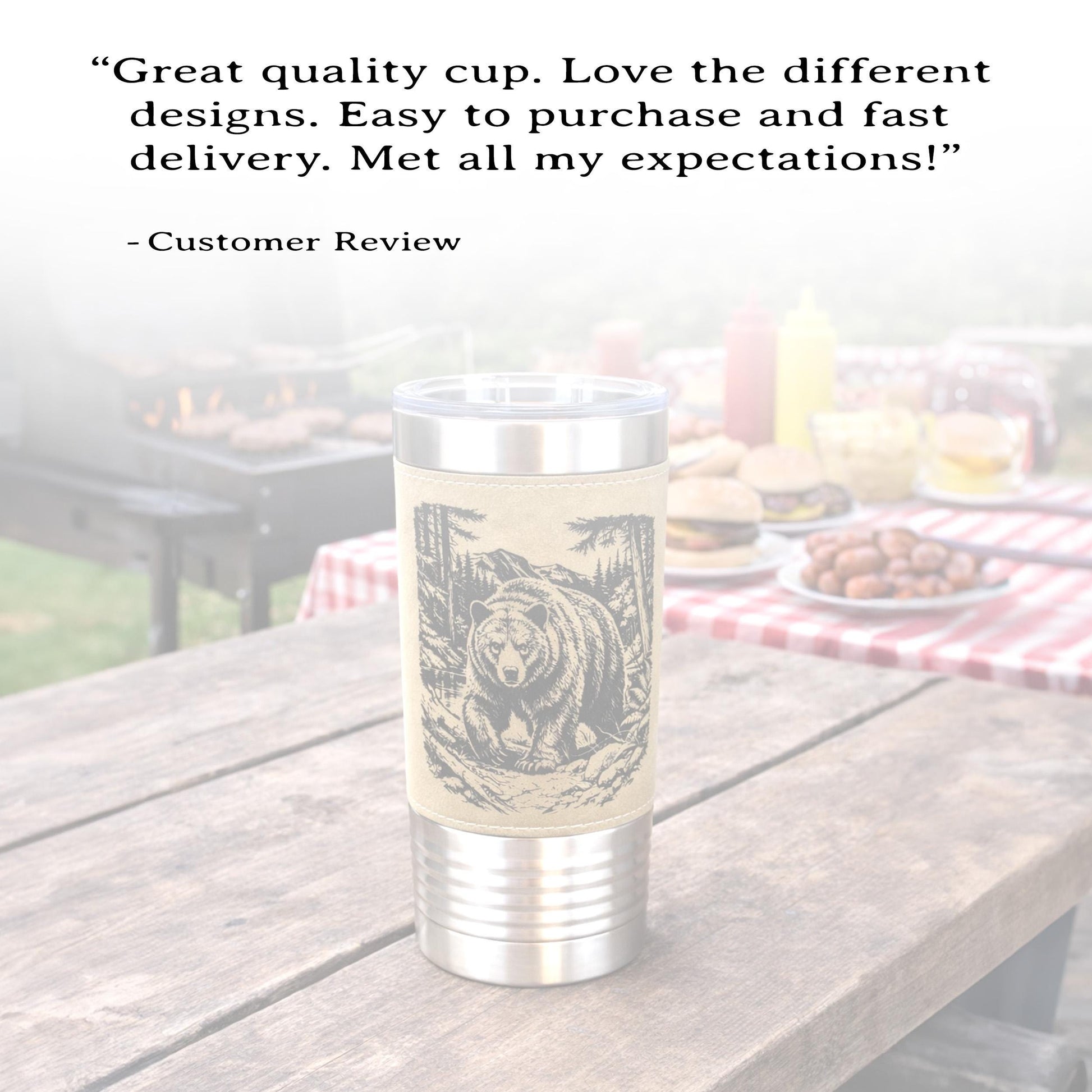 20 ounce Black Bear in Forest Engraved Travel Tumbler – Leatherette Wrapped, Personalized Hunters Gift, Insulated Coffee Cup