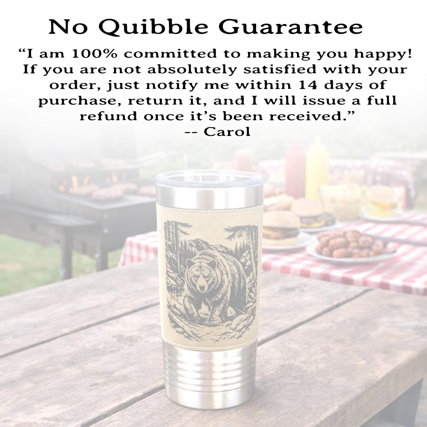 20 ounce Black Bear in Forest Engraved Travel Tumbler – Leatherette Wrapped, Personalized Hunters Gift, Insulated Coffee Cup
