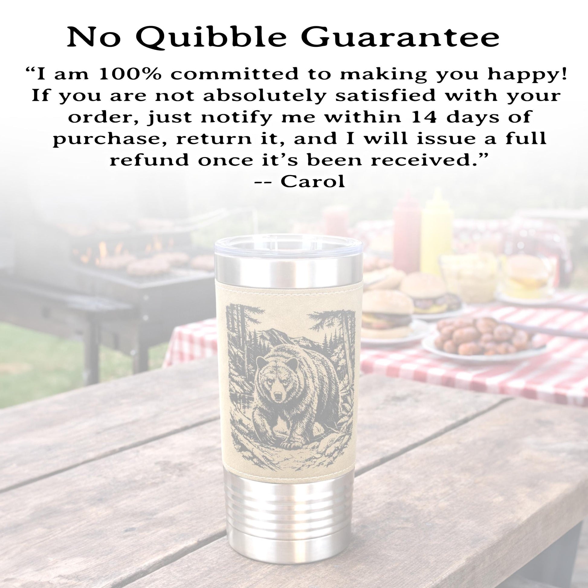 20 ounce Black Bear in Forest Engraved Travel Tumbler – Leatherette Wrapped, Personalized Hunters Gift, Insulated Coffee Cup
