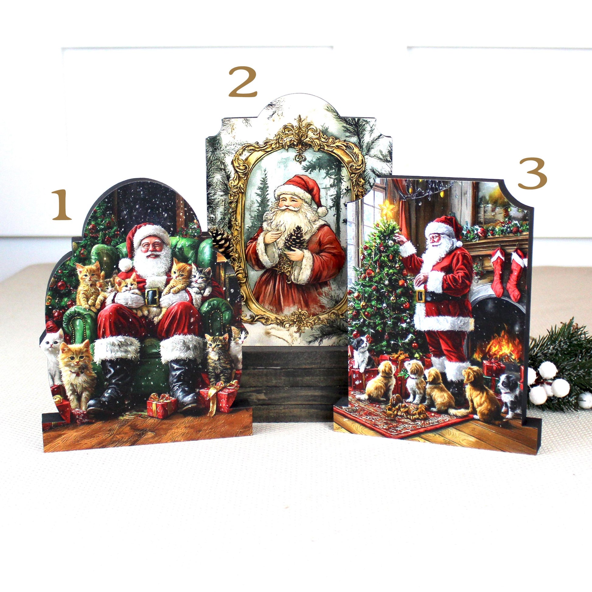 Cat-Loving Santa Shelf Sitter – Personalized Wooden Christmas Decor, 3 Designs – Wooden Mantel Decorations