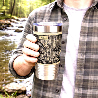 Deer Reflection Travel Tumbler – Personalized Leatherette Wrap, Buck & Stream Art, Perfect Gift for Dad