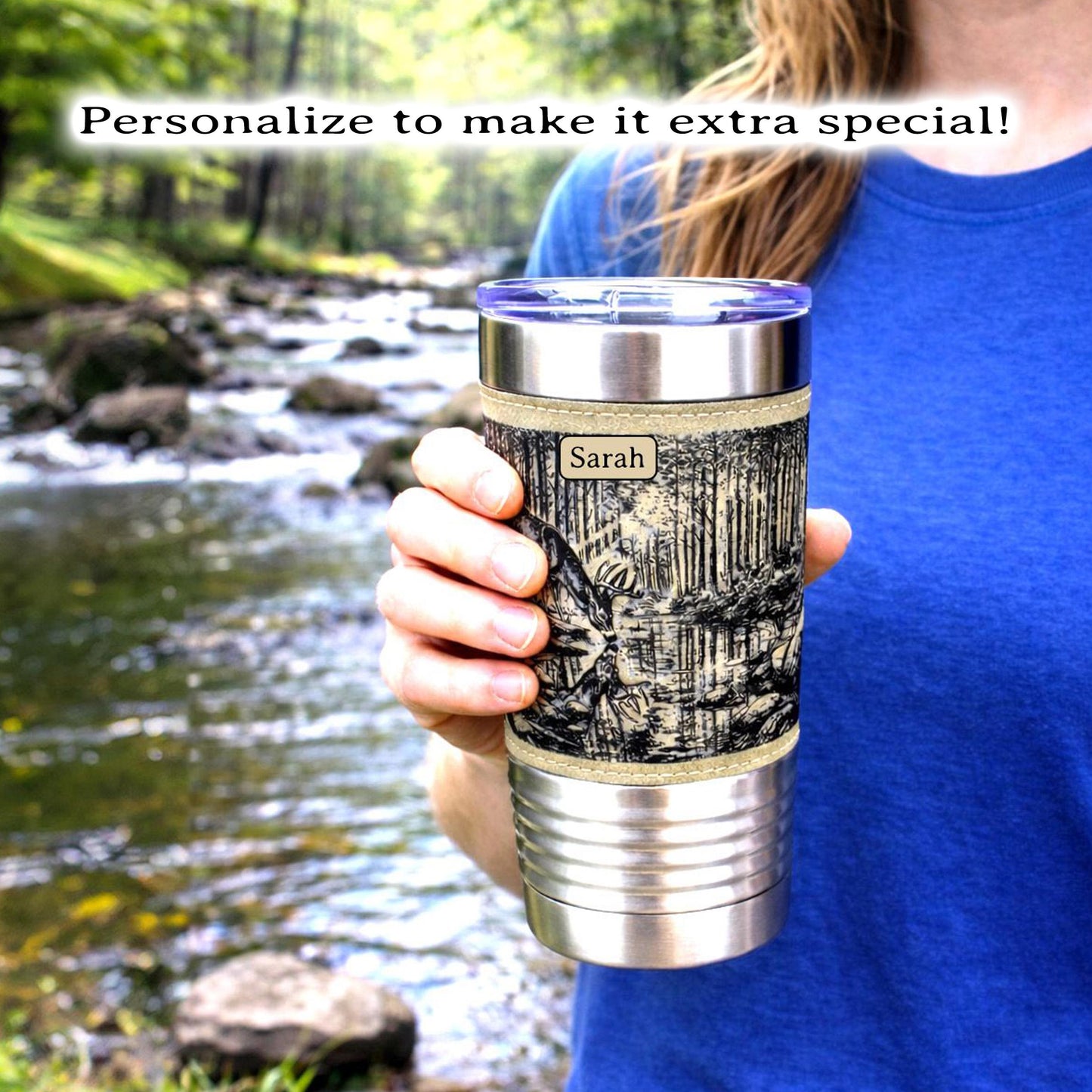 Deer Reflection Travel Tumbler – Personalized Leatherette Wrap, Buck & Stream Art, Perfect Gift for Dad