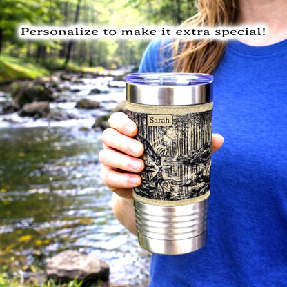 Deer Reflection Travel Tumbler – Personalized Leatherette Wrap, Buck & Stream Art, Perfect Gift for Dad